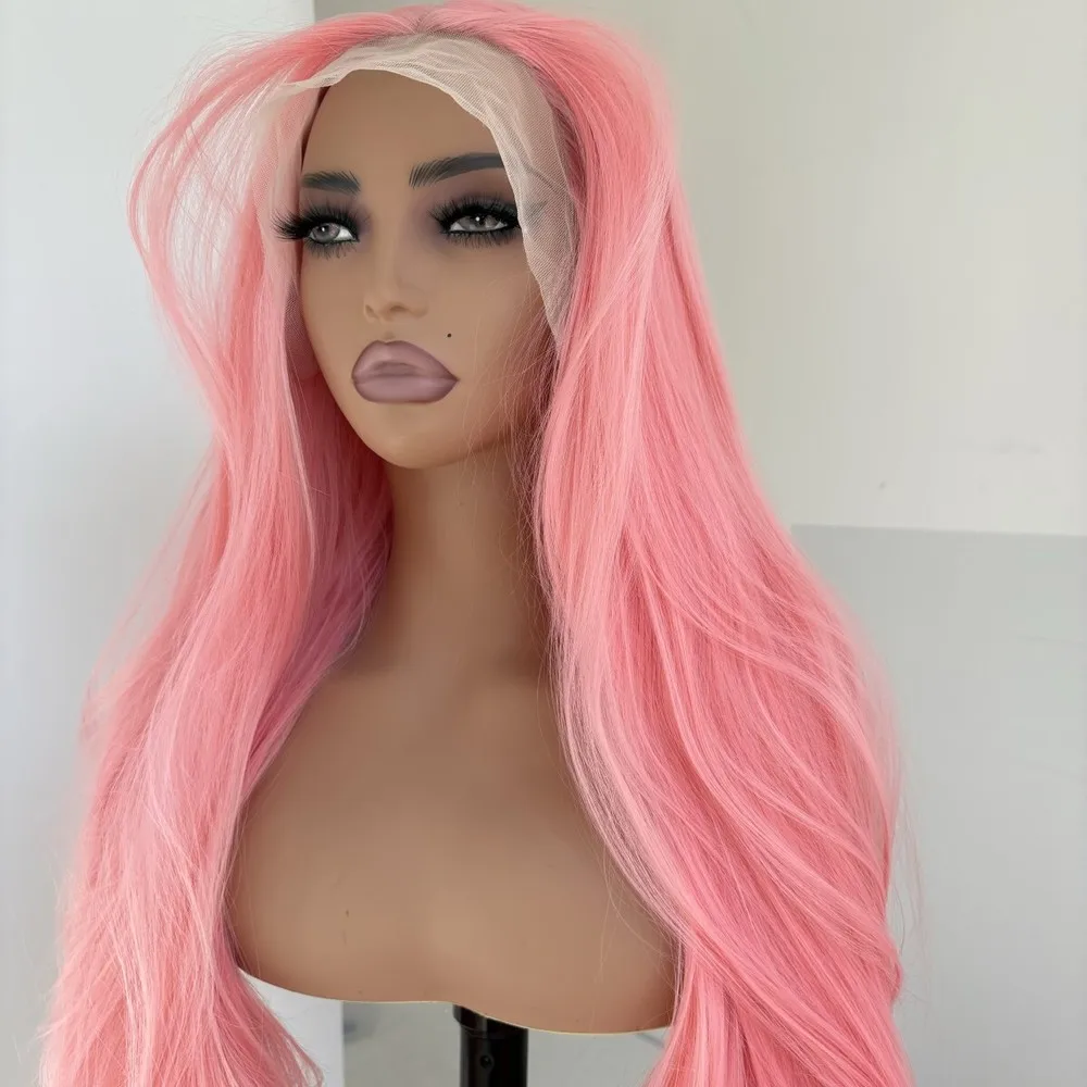 شعر مستعار ناعم بدانتيل أمامي على شكل حرف T بطبقات طويلة مستقيمة ومقاومة للحرارة باللون الوردي