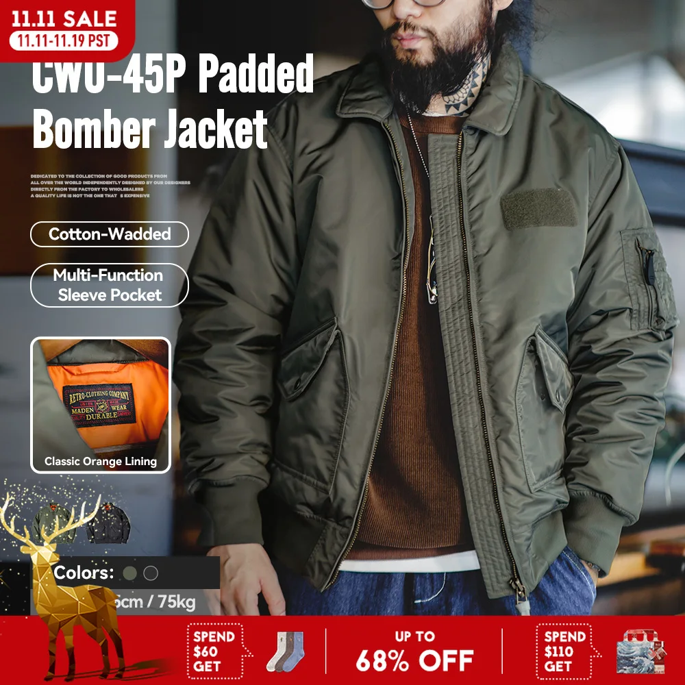 Maden Manteau masculin bombardier CWU-45P Manteau coupe-vent et chaud pour l'automne et l'hiver Doublure orange classique Veste en tissu imperméable haute densité
