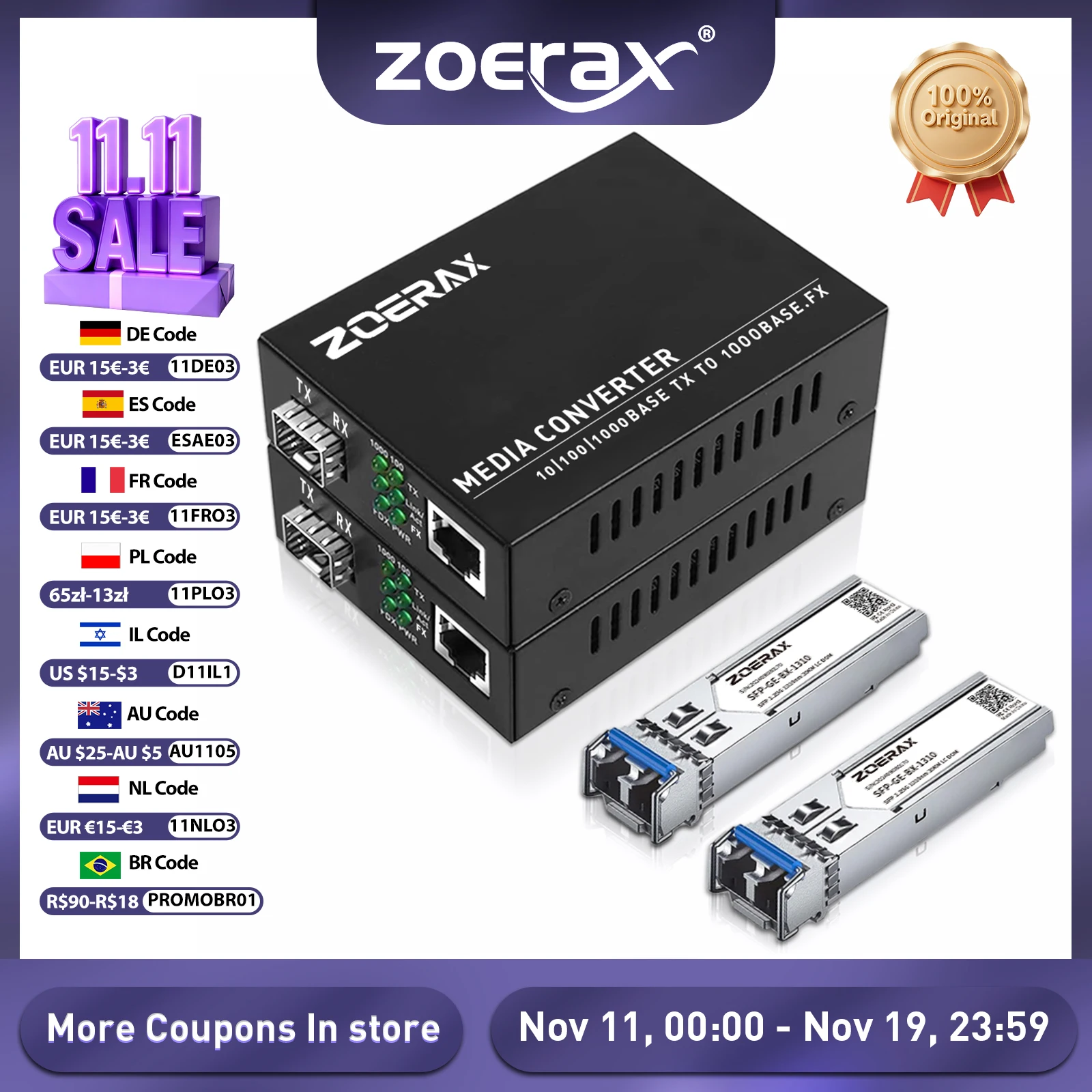 ZoeRax SFP LC Fibra monomodo para RJ45 Ethernet Conversor de mídia Transceptor de fibra óptica Gigabit com módulo SFP LC de 1,25 Gbps