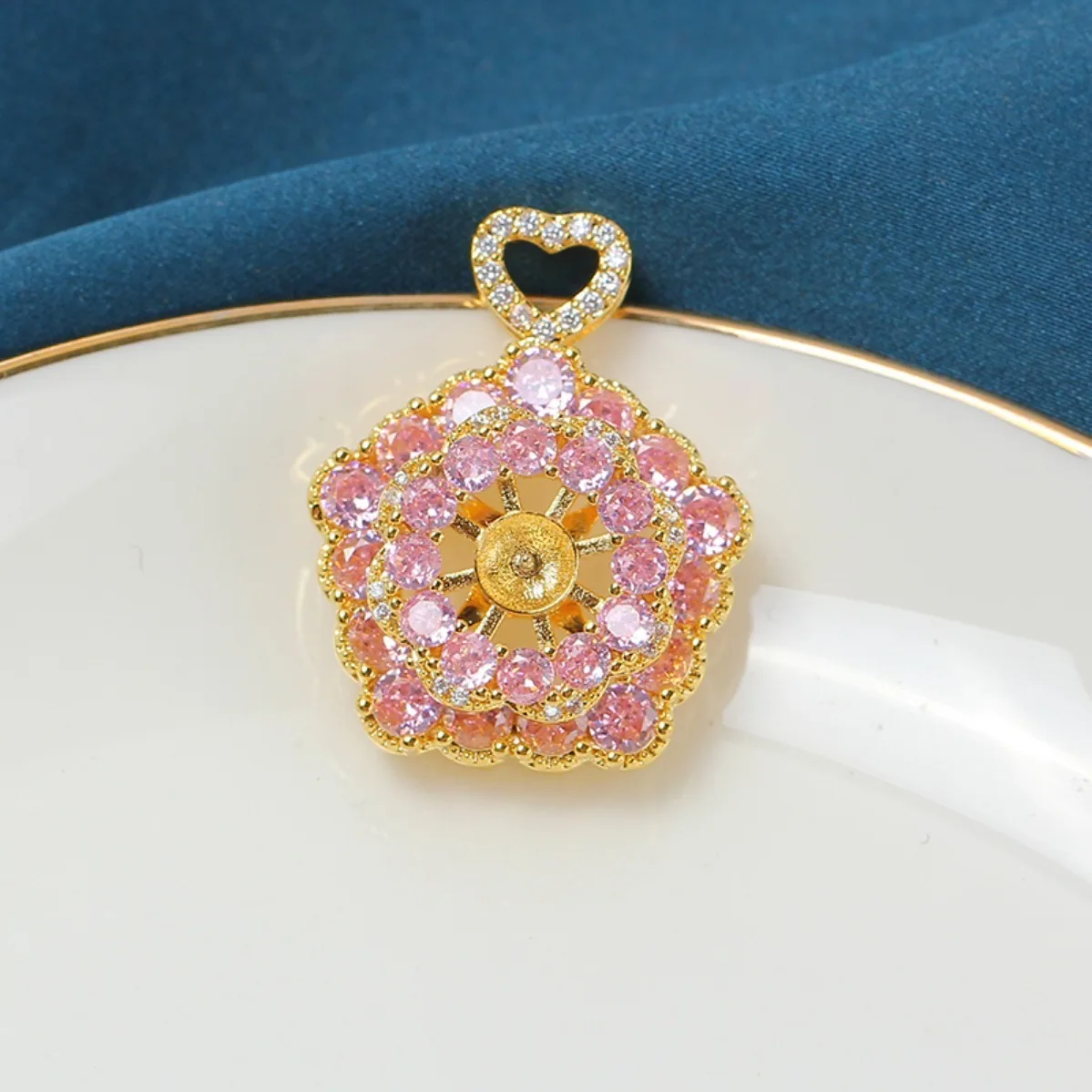 Brass 14K Gold Plated Rotatable Cubic Zirconia Pearl Pendant Blank Setting, DIY Necklace Accessories For Women