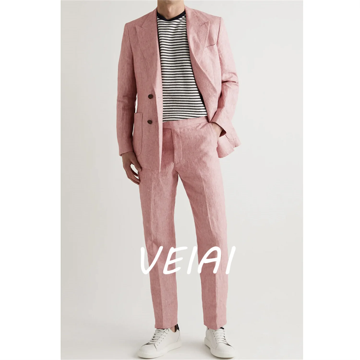

CustomizedMen Suit Blazer Terno Wedding Groom Pink Linen Jacket Pants Two Piece Single Breasted Summer Slim Fit Costume Homme Ou