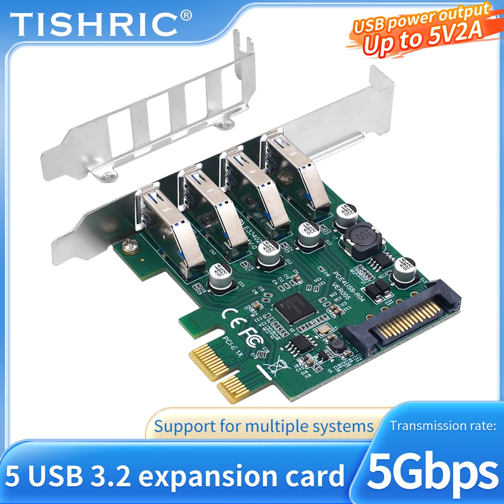 

TISHRIC Боковая 4-портовая карта расширения PCIe USB 3.2 Gen 2 (10 Гбит/с) | с прочной силой доставкой | для настольного ПК