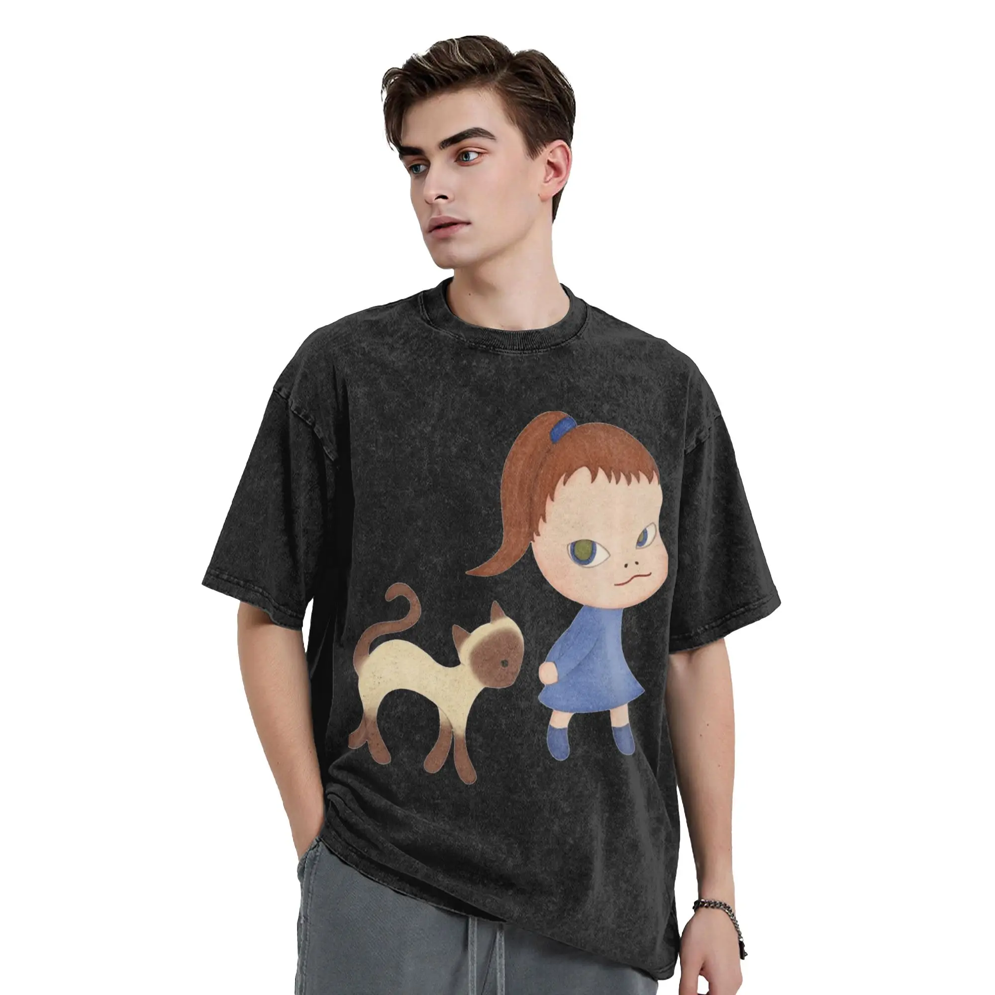 Yoshitomo Nara Men T Shirts Washed  Novelty Tees Short Sleeve Round Neck T-Shirt Pure Cotton Summer Tops