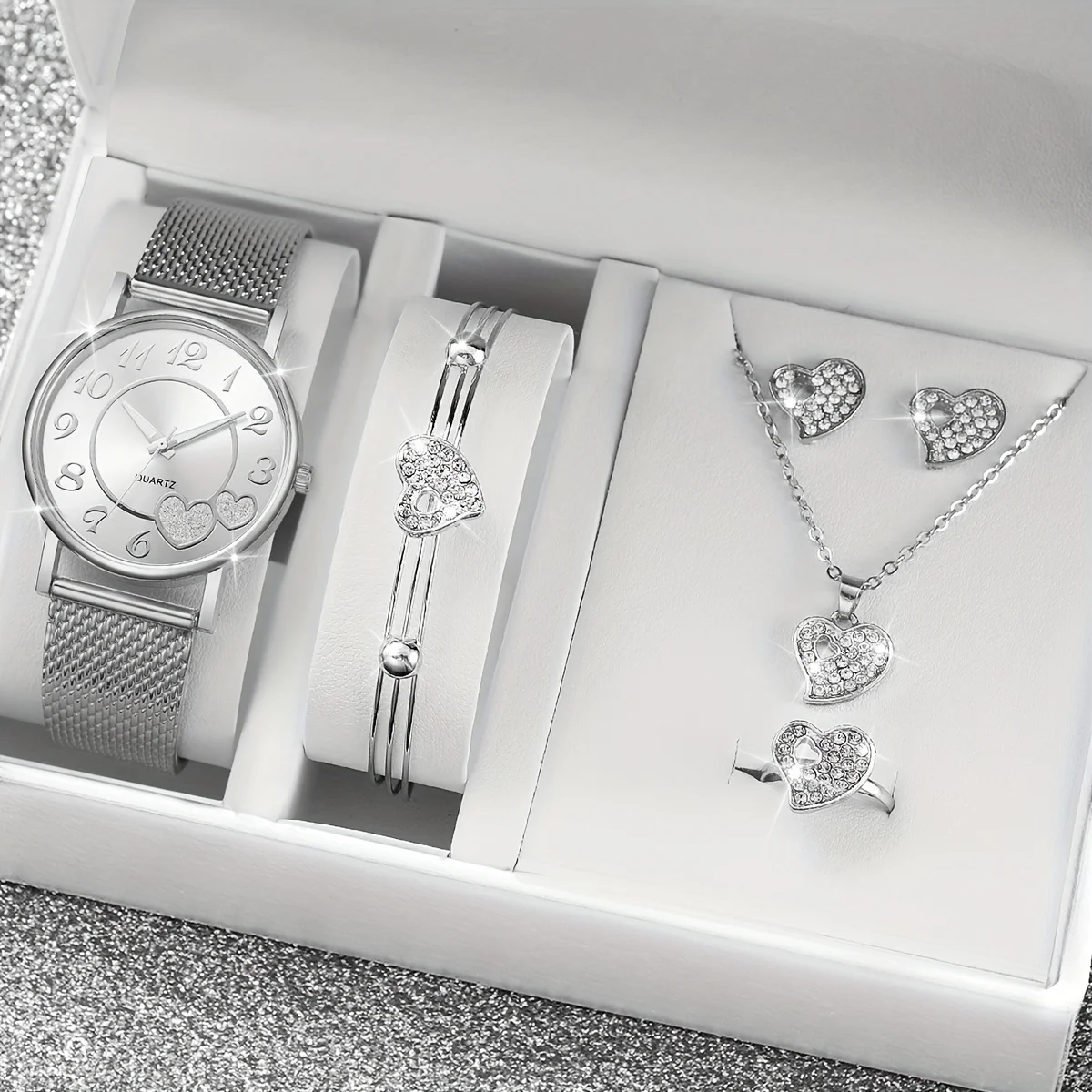 Glamorous Heart-shaped Quartz Timepiece & Dazzling Rhinestone Jewelry Set - 6pcs for Her, the Ultimate Romantic Valentines Day