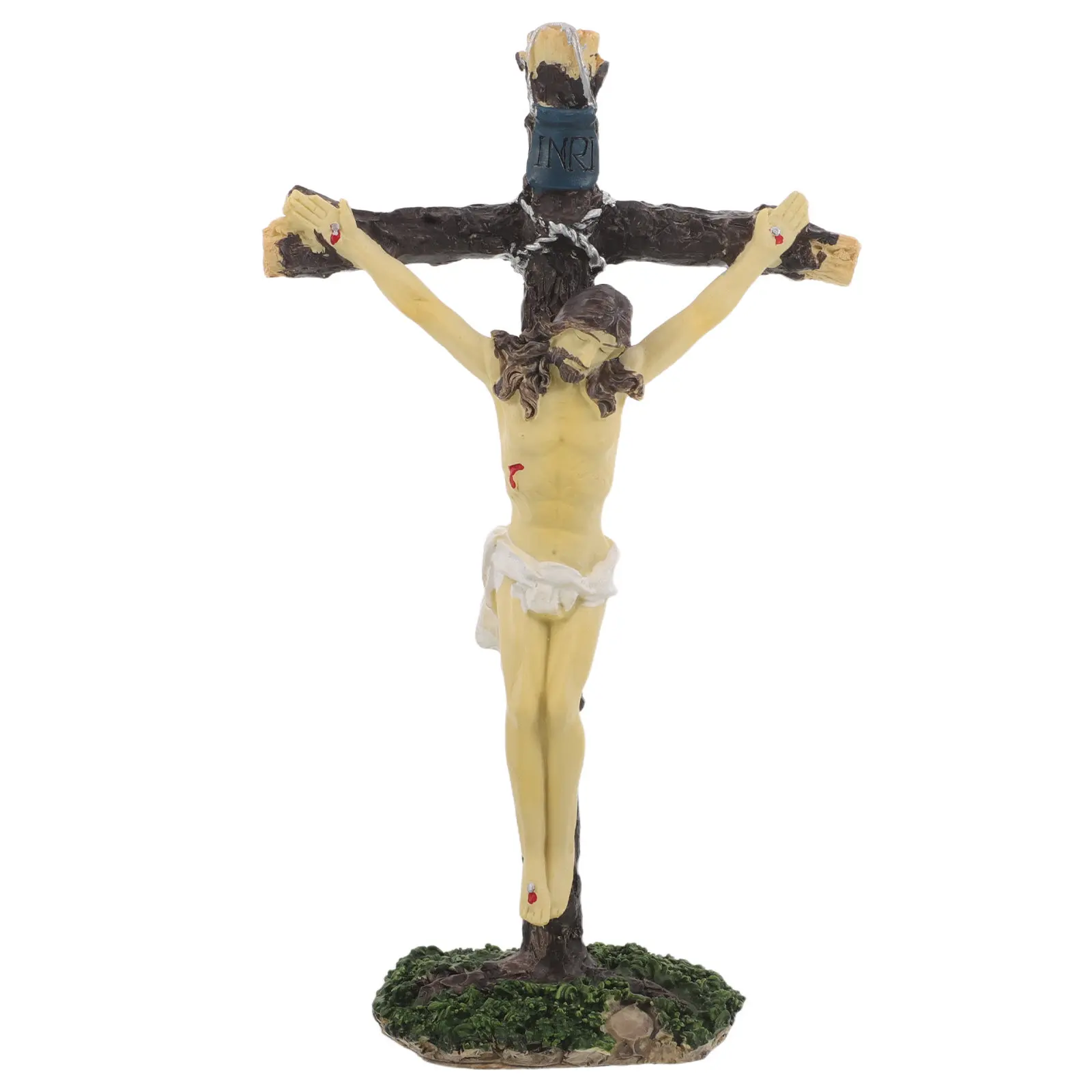 Resin Standing Jesus Cross Statue with Natural Moss Base Elegant Tabletop Wall Cross Decor for Home Church Altar Prayer Space