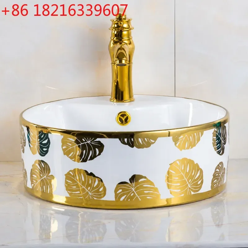 YAO Electroplated Gold Leaf Ceramic Round Wash Basin Artistic Pig Trough Style Table Top Sink with Faucet Hole for Bathroom