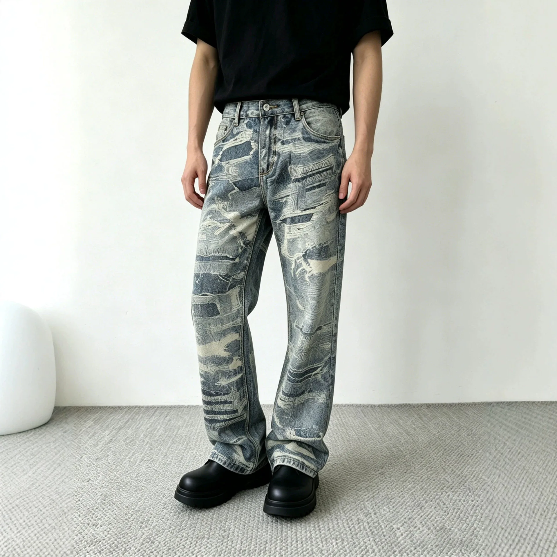 American Style Men Blue Straight Simple Basic Casual Trendy Blue Jeans Pants Four Season High Street Fashion Male Denim Trousers