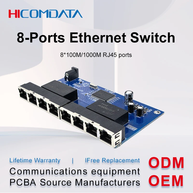 

8-Ports Full Gigabit Ethernet Switch PCBA Unmanaged Ethernet switch PCBA with 8*100/1000M RJ45 ports,