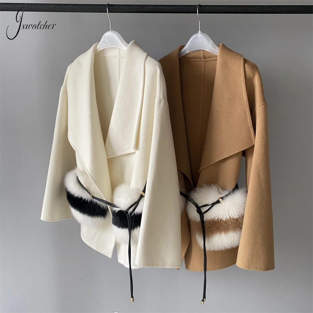 Jxwatcher Wool Coats for Women Real Fox Fur Pocket Ladies Fashion Double Face Cashmere Jacket with Belt Autumn Winter Coat New