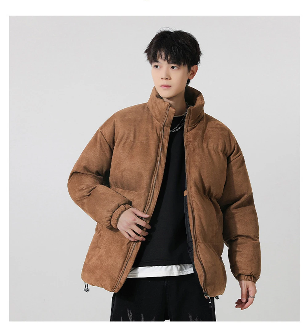 

Suede Cotton Jacket Men's Winter Trendy Japanese Loose Bread-Style Padded Coat Fashion Stand Collar Warm Solid Color Outwear Top