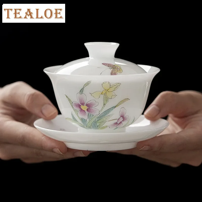 

135ml Hand-painted Daffodil Gaiwan Japanese White Jade Clay Porcelain Tea Tureen Tea Maker Cover Bowl Drinkware Accessories Gift