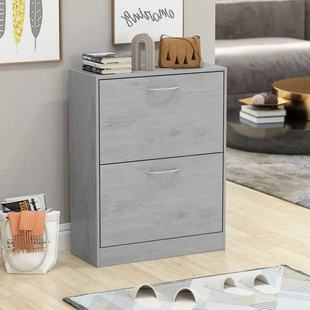 

Modern Shoe Storage Cabinet with 2 Flip Drawers, Wood 2-Tier Shoe Rack Storage Organizer for Entryway, Hallway & Bedroom, Grey