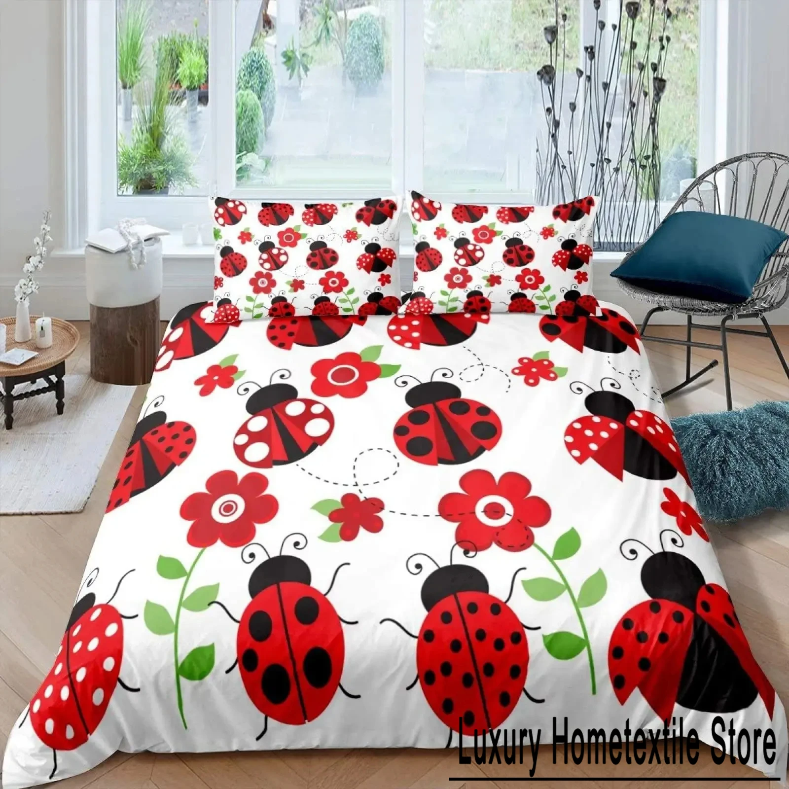 Ladybug Duvet Cover Set 3D Ladybug Printed Bedding Set for Boys Girls Flying Entomology 2/3pcs Soft King Size Quilt Cover