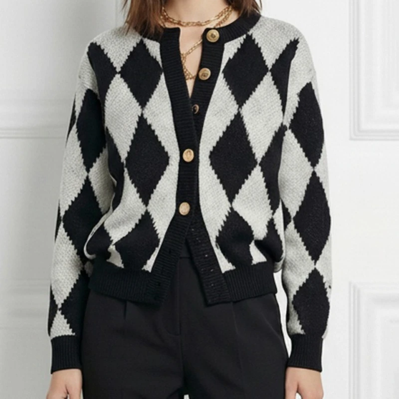 

Modigirl Women's Knitting Black White Argyle Cardigan Tops 2025 Winter Plaid Long Sleeve Casual Office Daily Lady Sweater Coat