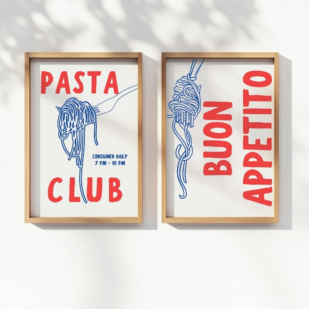 Cuadro Decorativo sin Marco para Cocina, Pasta Club Buono Appetito, Póster Digital Imprimible, Arte Italiano para Cocina, Decoración para Restaurante