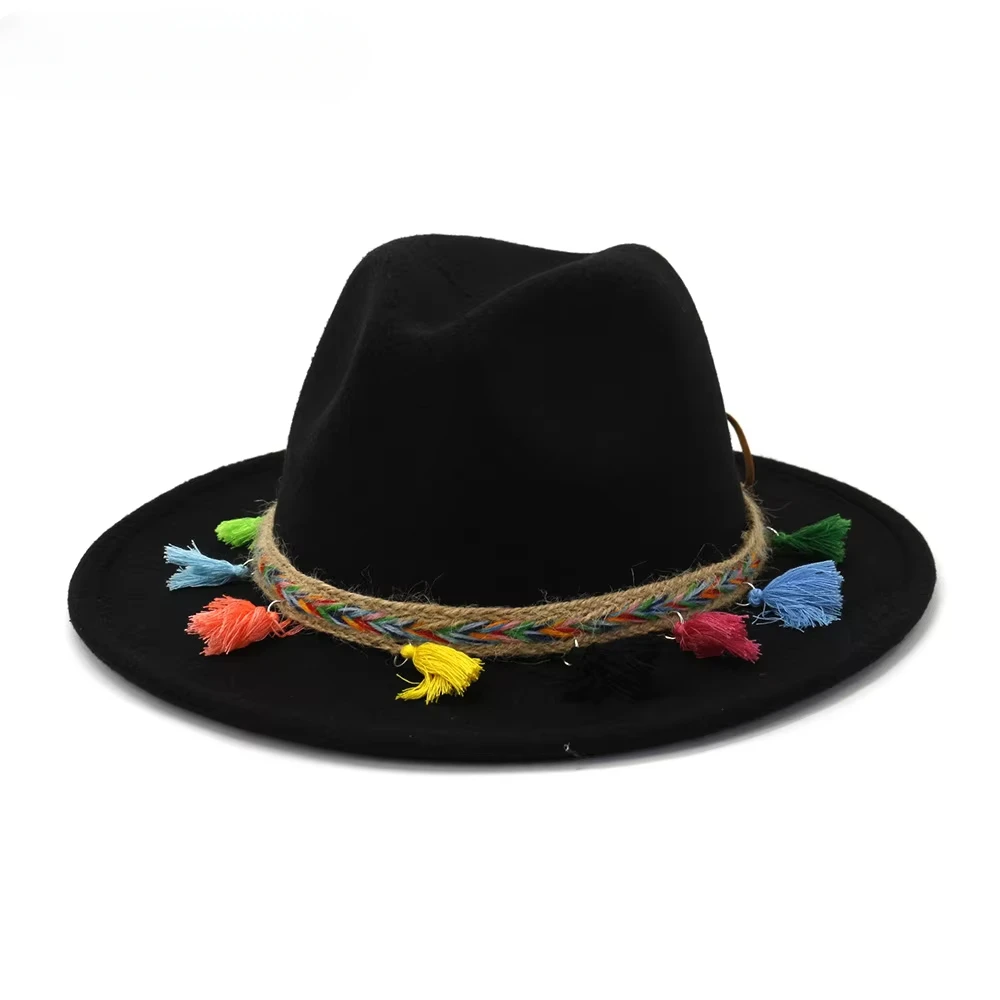 HOAREE Fedora blanca, cinturón colorido, sombrero de fieltro de diseño a la moda para mujer, sombrero Trilby con borlas, sombrero Fedora de viaje Panamá