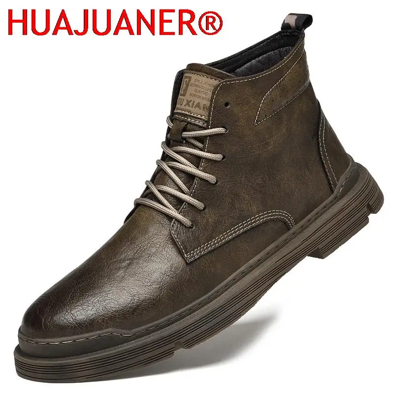 Genuine Leather Black Mens Boots Fashion Designer Mens Shoes Winter Fur Lace-Up Male Ankle Boots Lightweight Motorcycle Boots