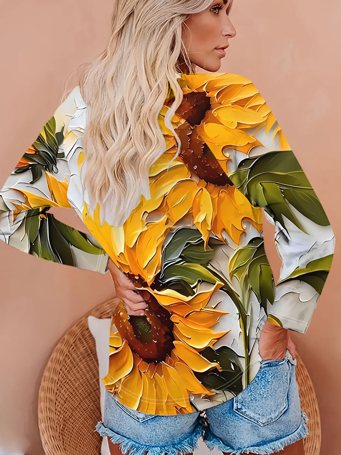 Women's Long Sleeve T-Shirt, Vibrant Sunflower And Green Leaves Print On White Background, All-Winter Holiday Style Top Suitable For Leisure And Sports Scenarios