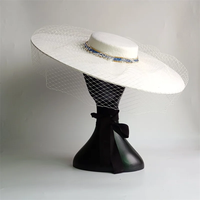 Bridal Fashion Mesh Elegant Wool Hat Flat Top Female Stage Winter Bandage Women's Wedding Hat