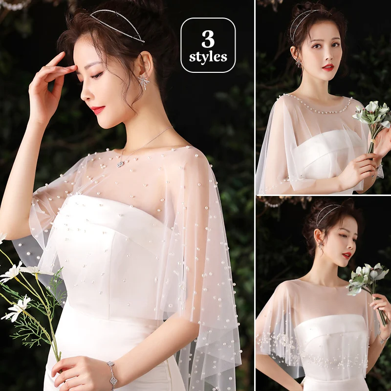 New Women's Wedding Dress White Lace Mesh Wrap Shawl Simple Fashion Soft Lace Shawl Jacket With Pearl Embroidery Irregular