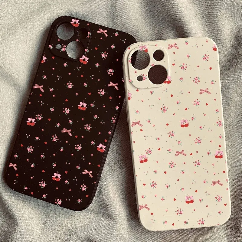 Funda de teléfono con bonito lazo de cereza rosa y corazón de amor para iPhone 15 14 16 13 12 11 Pro Max XR XS 16E 7 8 Plus INS Corea, funda de silicona suave
