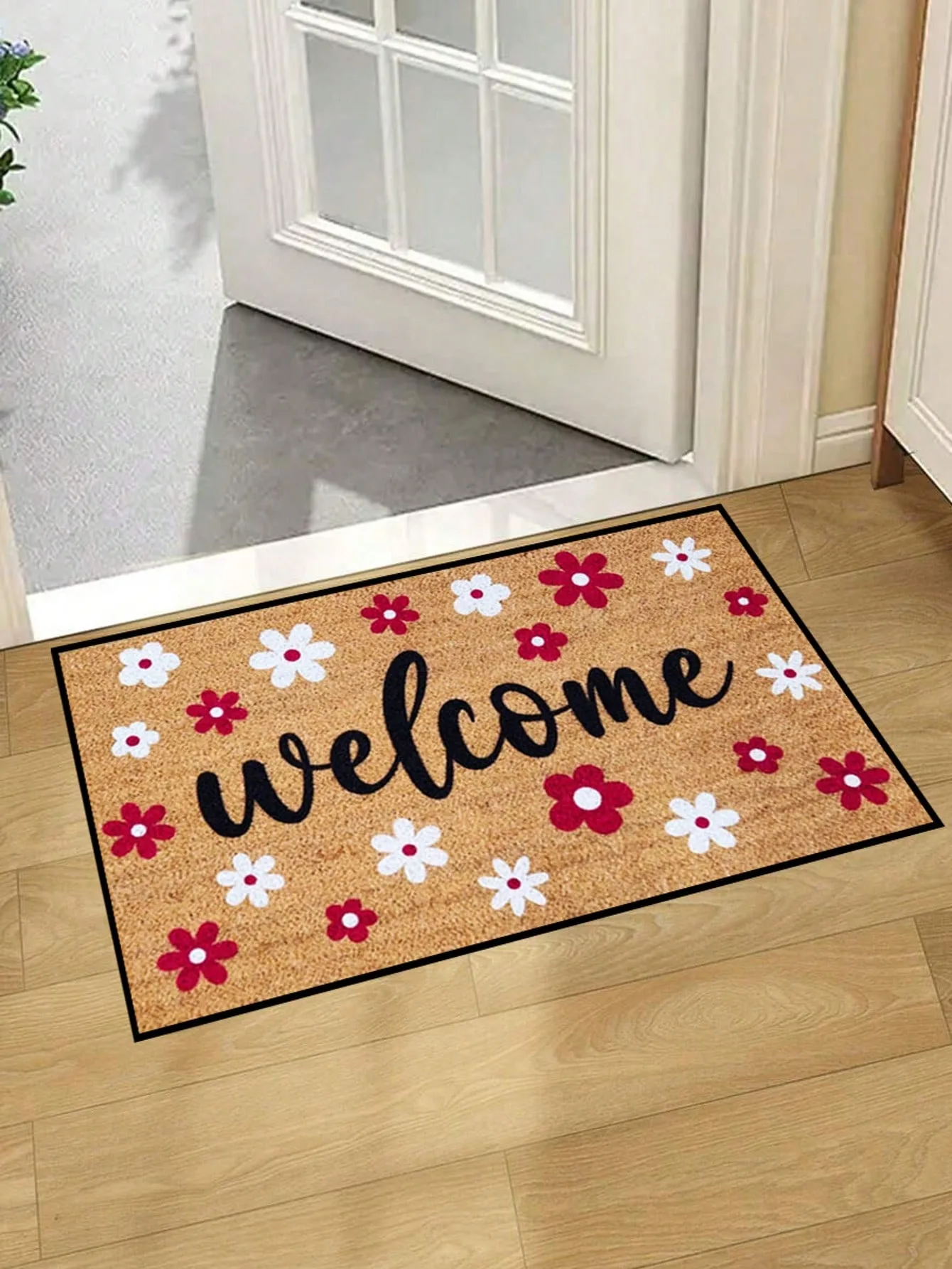 Welcome Area Rug Non-Slip Washable Carpet Floor Mat Doormat Retro Floral Welcome Pattern for Front Door Entryway Spring Decor