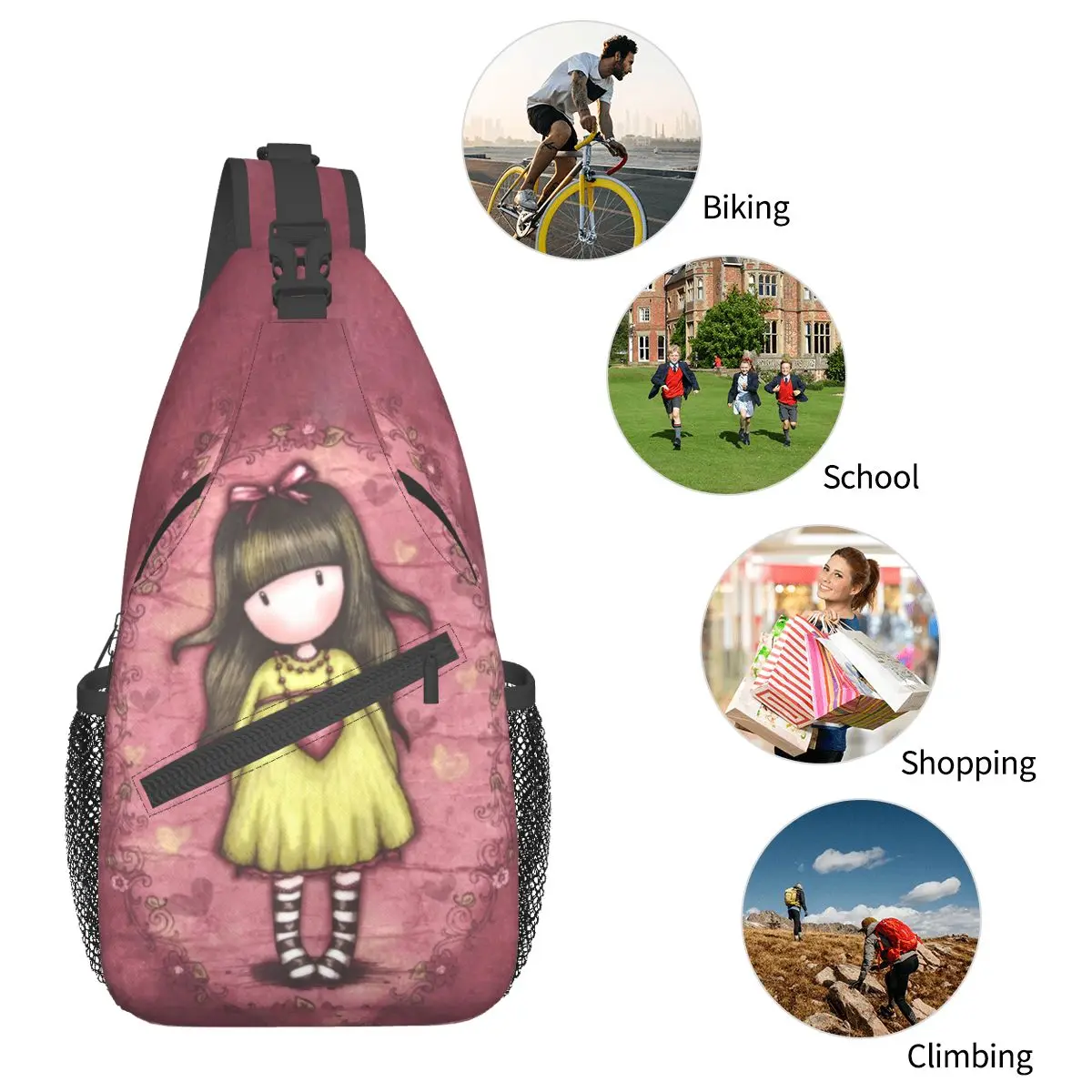 Santoro Gorjuss Boneca Crossbody Sling Sacos SmallChest Bag Art Cartoon Ombro Mochila Mochila para Caminhadas Outdoor Travel Bookbag