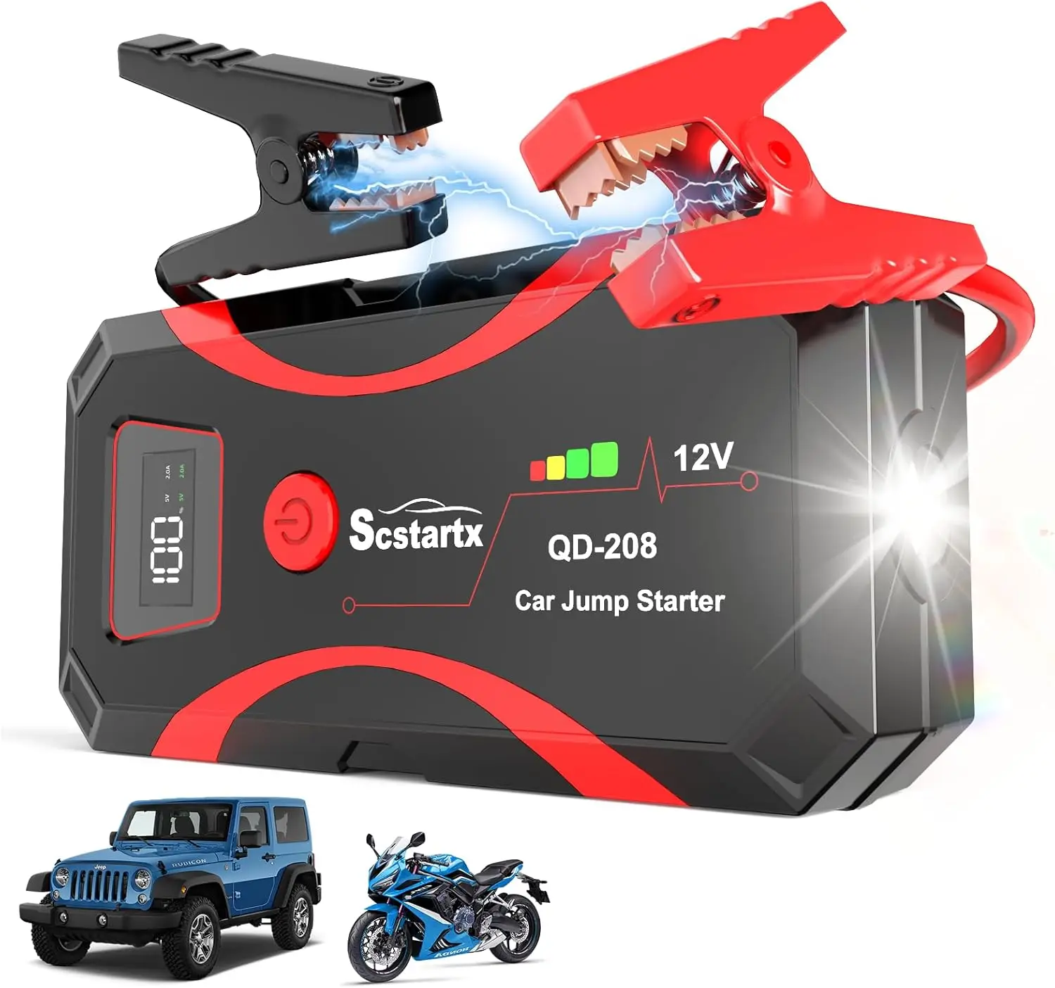 208 Car Battery Jump Starter, 2000A Peak, 12V Portable Power Pack for Motorcycle Up to 7L Gas & 4L, 3-Mode Flashlight, Safety Ju