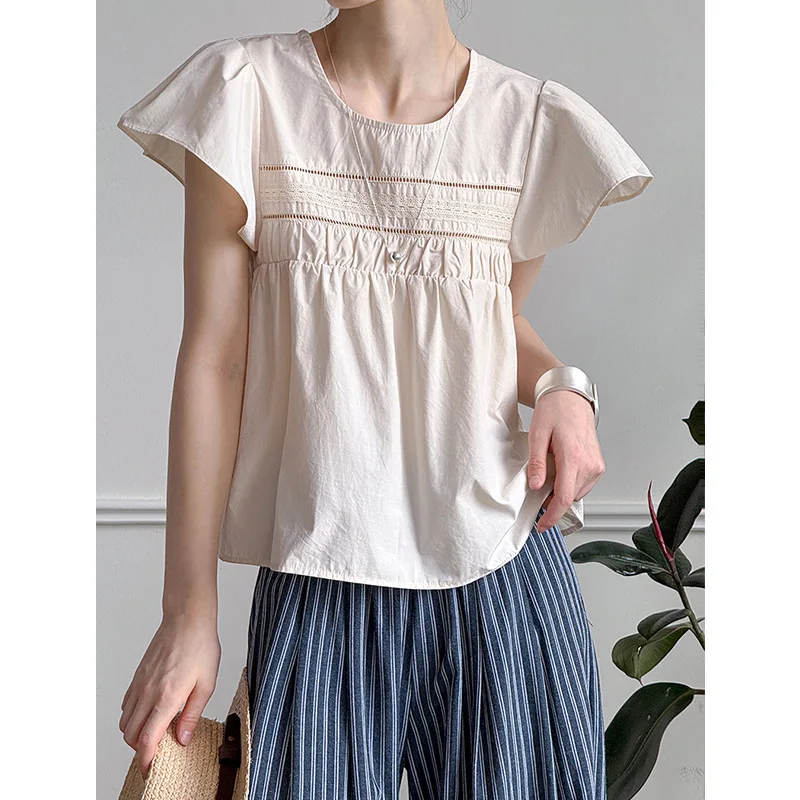 

Summer women's short sleeved shirt, round neck Korean loose fit small fly sleeve top shirt for women