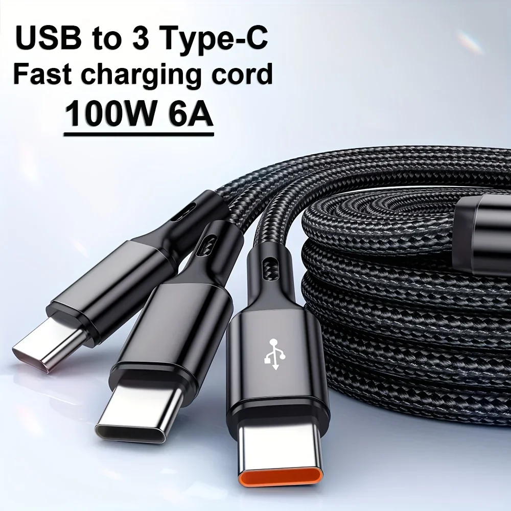 USB-A 고속 충전 케이블, 삼성 갤럭시 S24, S23, 샤오미 레드미, 화웨이, USB C 데이터 전송, 3 in 1, 3 × C타입, 100W, 6A