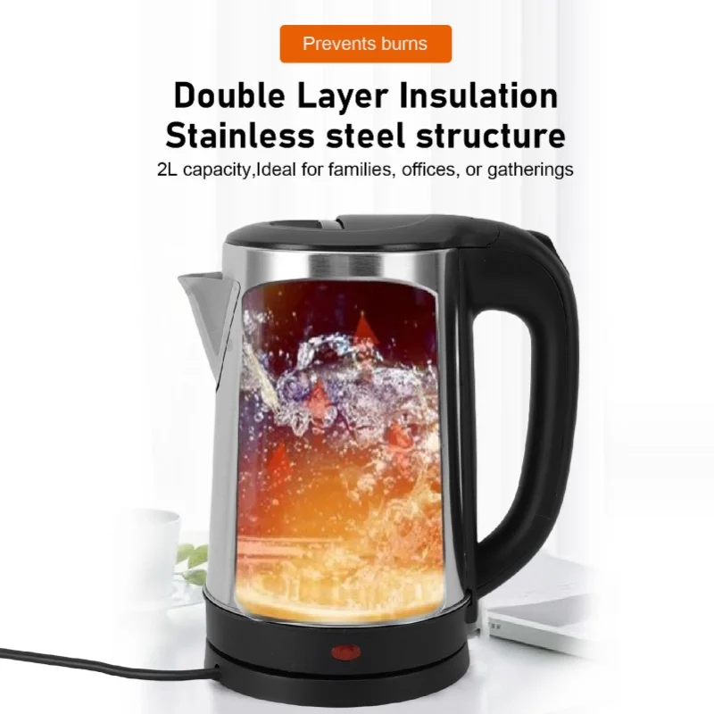 1500W 2L Electric Water Boiler Kettle SUS Stainless Steel Auto Shut Down Double Layer Insulation Tea Heater US Plug