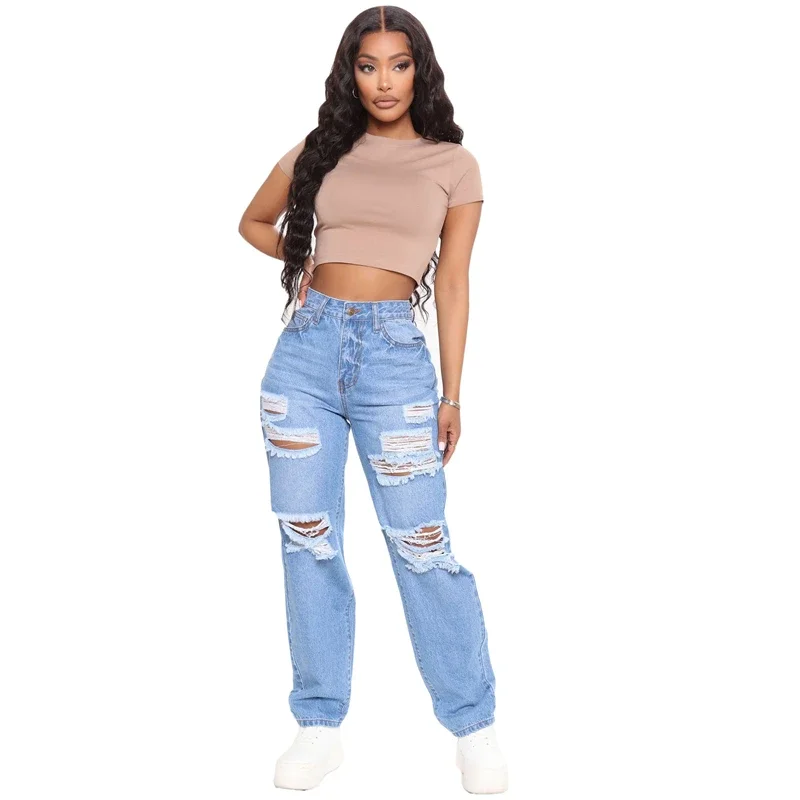 2024 sommer Neue Ankunft Sexy Loch Zerrissene Boyfriend-Jeans Frauen Mode Hohe Taille Lose Beiläufige Breite Bein Denim Hosen Hosen