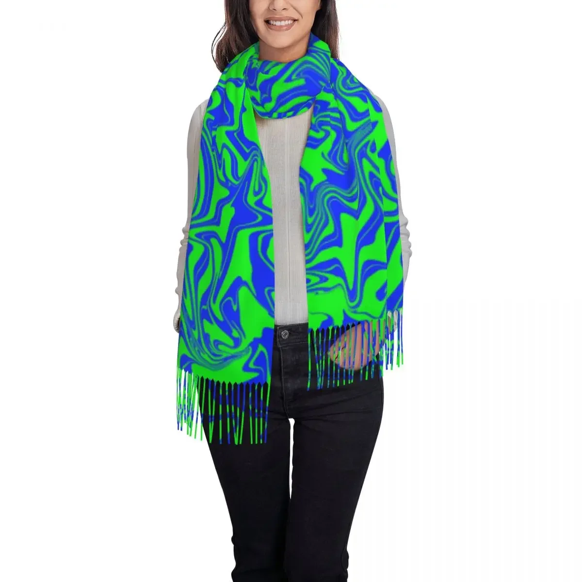 Green Liquid Swirl Scarf Women Blue Abstract Art Print Head Scarves with Tassel Winter Luxury Brand Shawl Wrap Outdoor Foulard