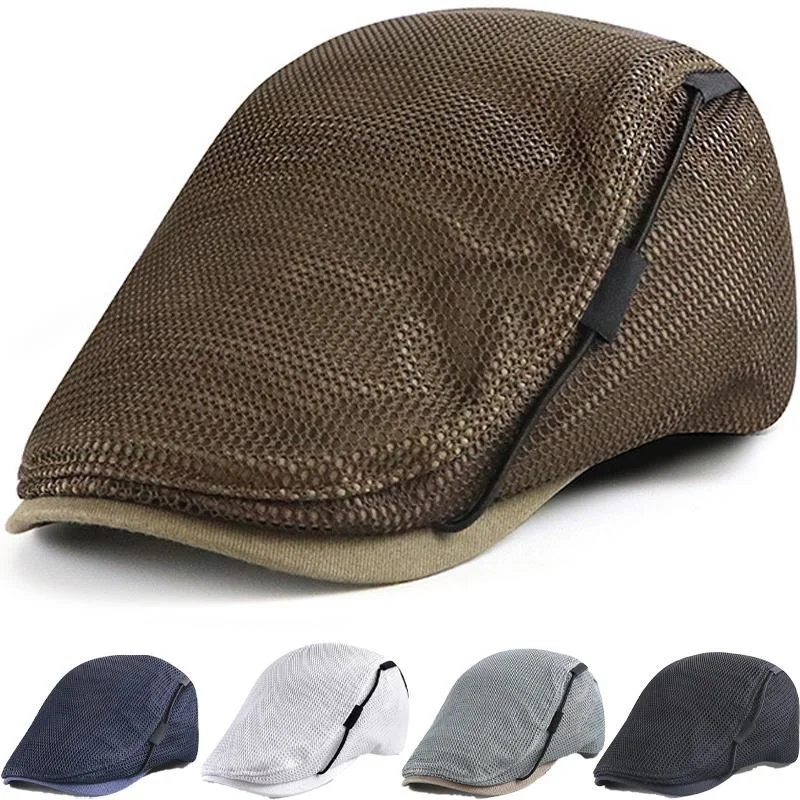 

2023 New Men Beret Hat Breathable Mesh Summer Newsboy Hats Adjustable Flat Cabbie Beret Cap