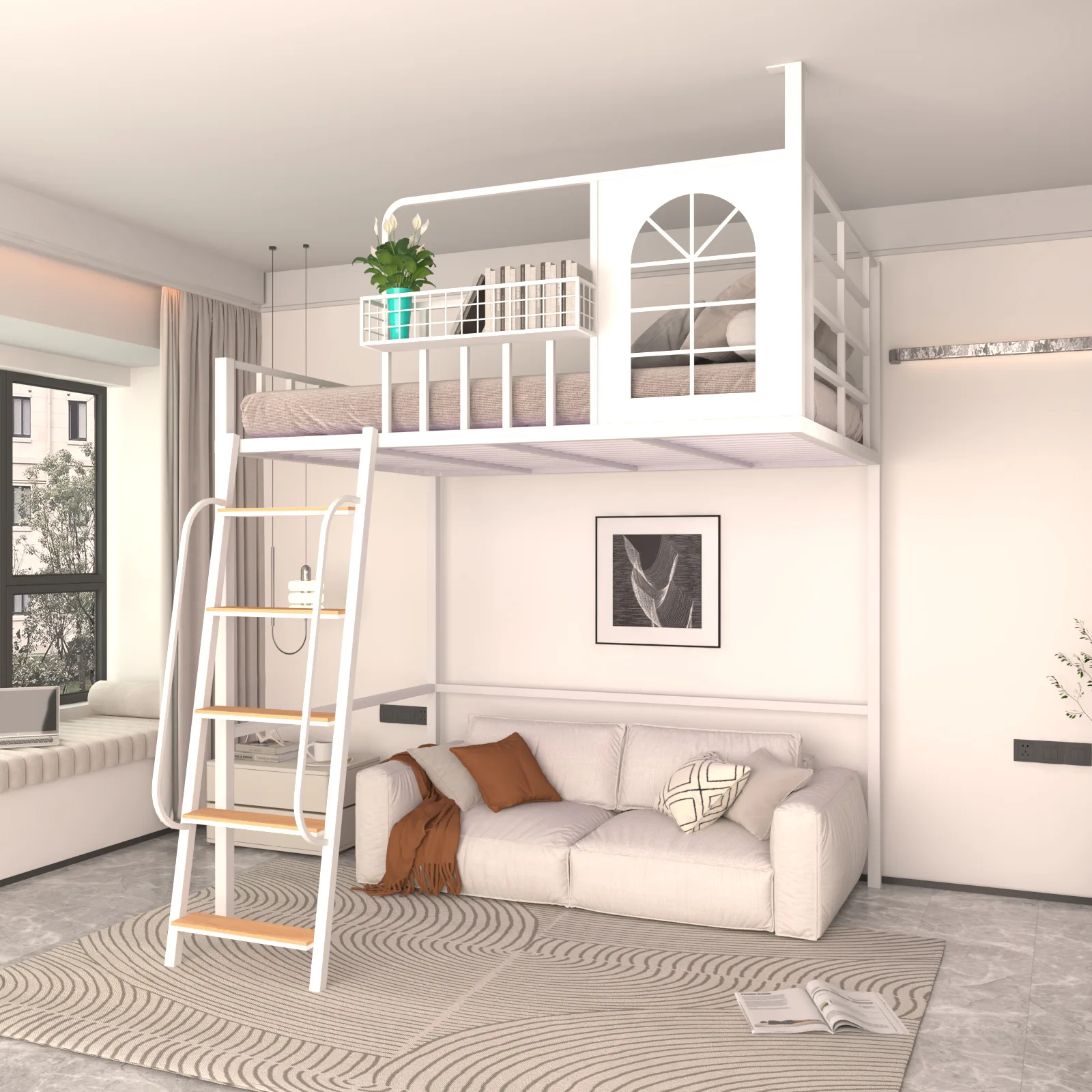 Nordic wrought iron elevated bed loft loft bed small apartment space saving duplex second floor suspended bed frame
