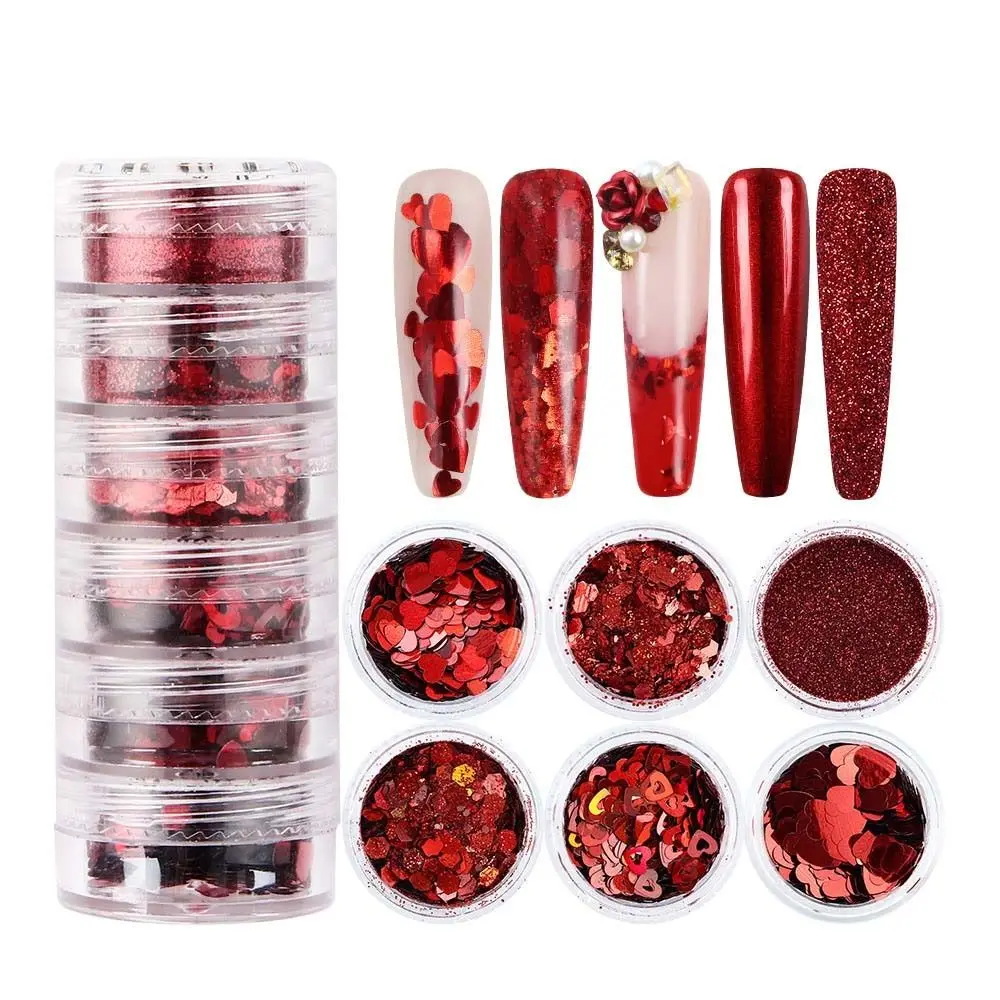 6 pezzi/set strumenti per manicure cuore rosso polvere per unghie decorazioni per nail art forniture per nail art fiocchi di glitter rossi polvere di pigmenti per unghie