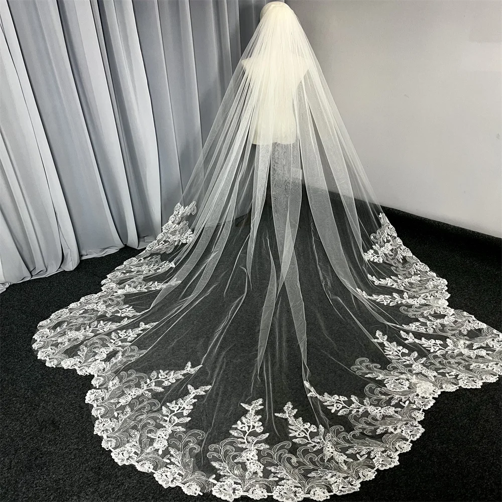 Long Bridal Veil with Comb 3 Meters 1 Tier Scalloped Edge Bling Sequins Lace for Wedding