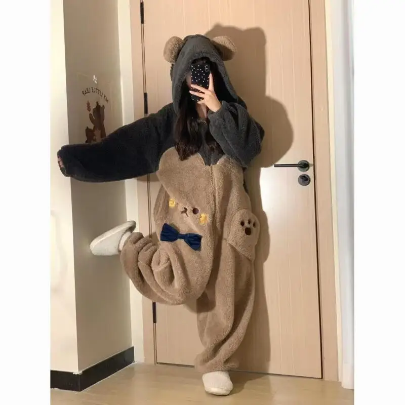 Girl Conjoined Pajamas Winter Cartoon Fleece-Lined Thicken New Nightwear Flannel Keep Warm Sleepwear Little Bear Hooded Homewear