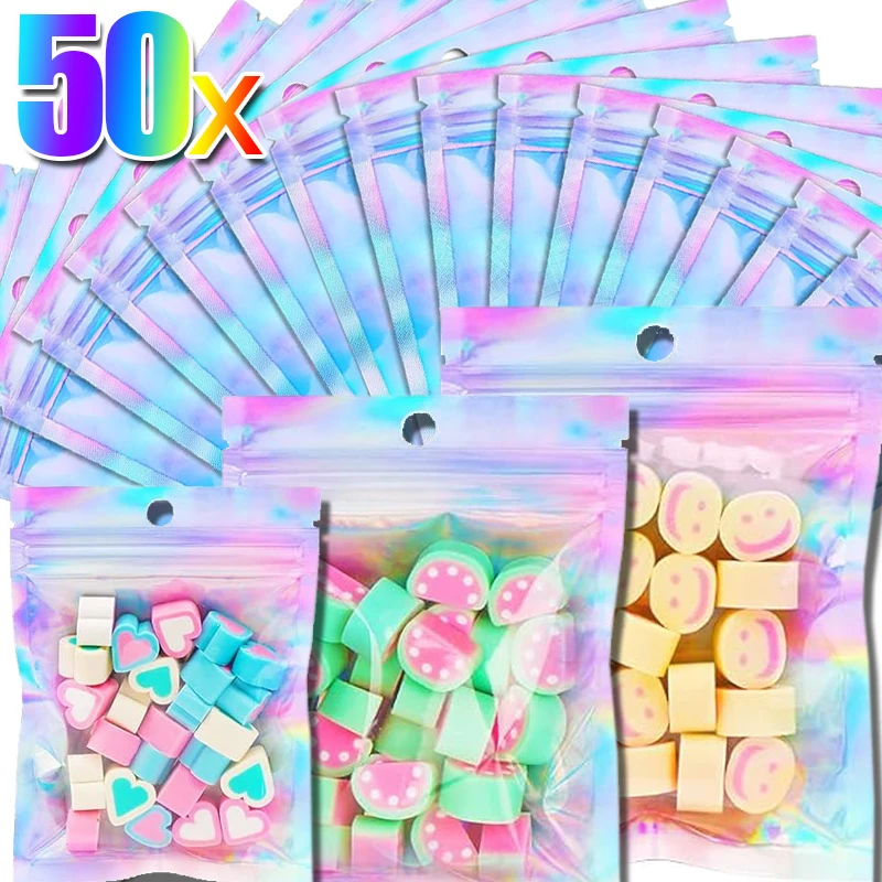 10/50PCS Rainbow Laser Packaging Bag Resealable Jewelry Snack Gift Sealed Bag Holographic Zip Waterproof Pouch Home Storage Tool