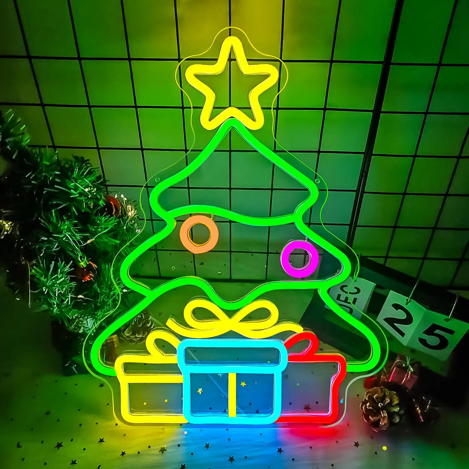 Modern Christmas Tree LED Neon Sign Warm White Dimmable USB Wall Light for Home Holiday Party Decor Gift for Family