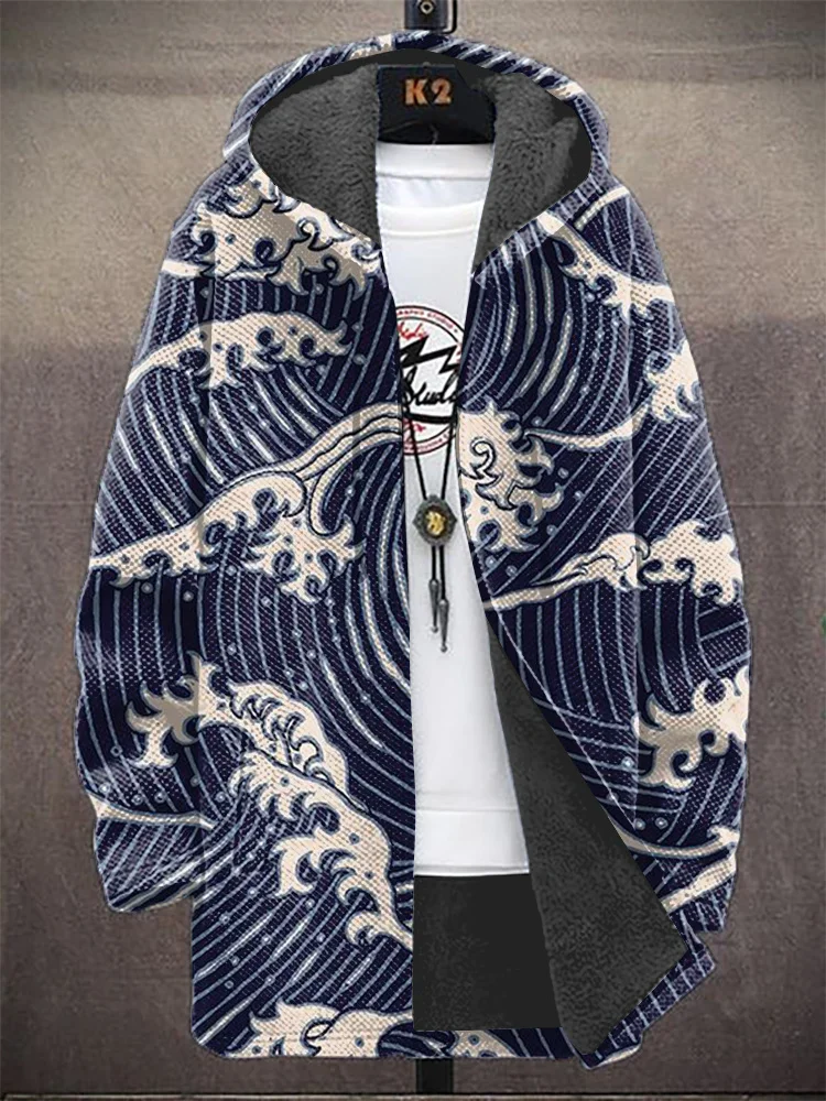 Men's Great Wave Japanese Art Print Hooded Trench Coat Cardigan Hoodies Fleece Lined Zipper Coats