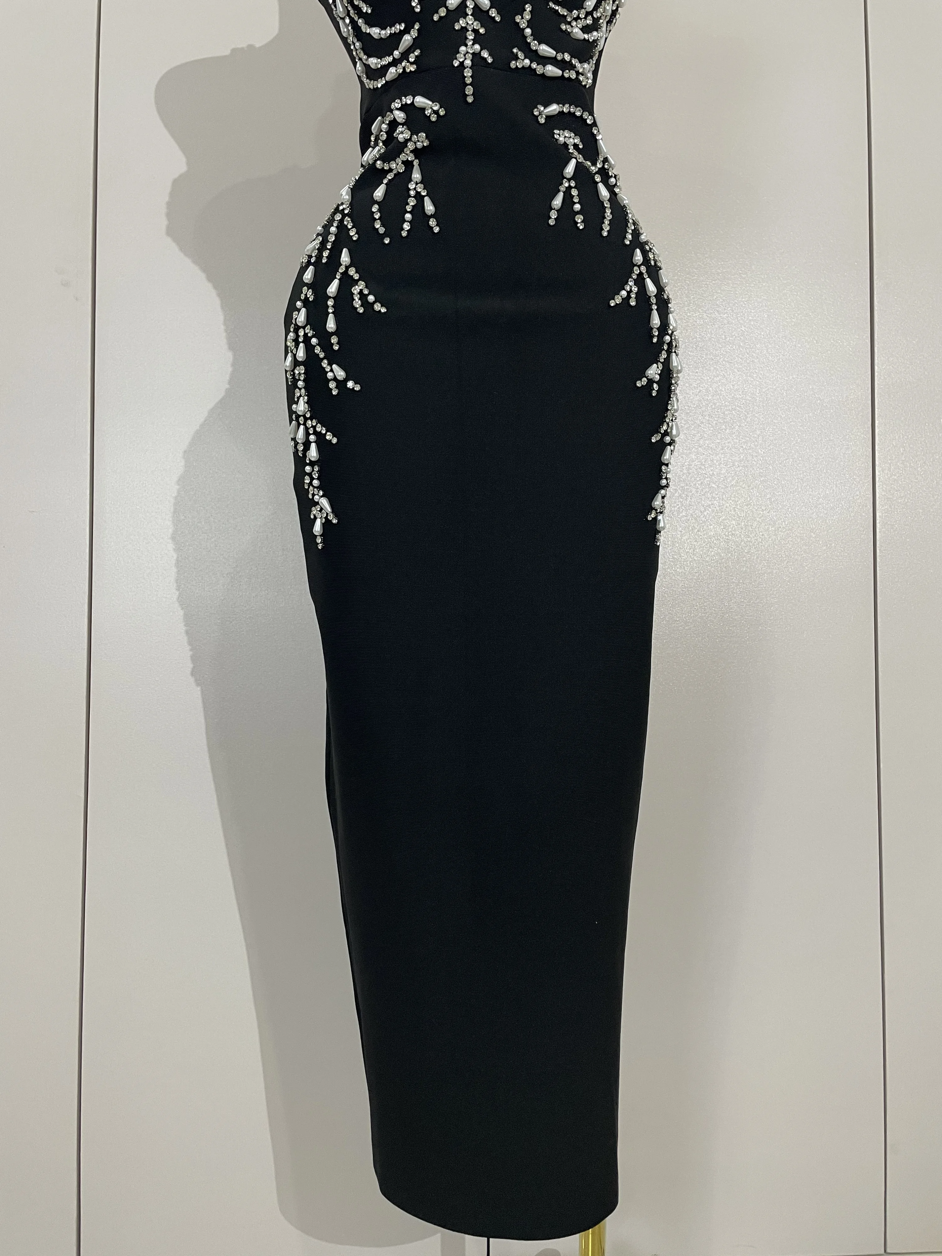 2025 Nieuwe Sexy Backless Zwarte Kralen Lange Bodycon Bandage Jurk Vrouwen Celebrity Elegante Avond Club Party Luxe Verjaardag Jurk