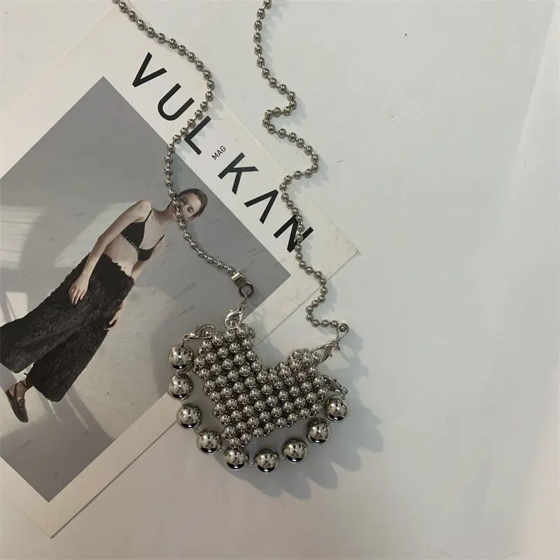 Silver Pearls Casual Heart Fashion All-match Small Crossbody Bags for Women Purse and Handbags Elegant Korean Version