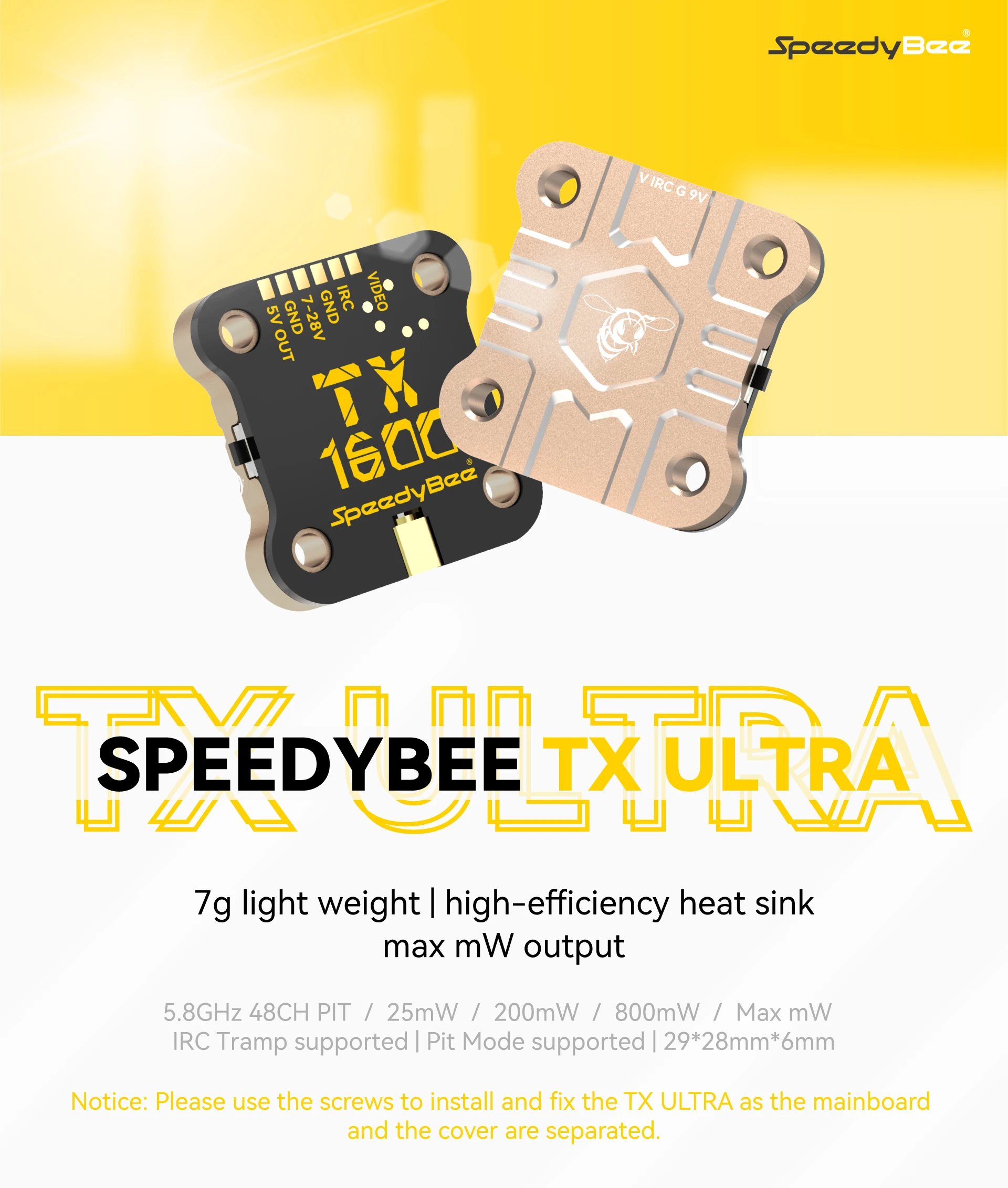 

SpeedyBee TX ULTRA TX1600 5.8GHz 48CH 1.6W FPV VTX High-efficiency Heat Sink 2-6S LIPO for FPV Long Range Drone 20X20mm