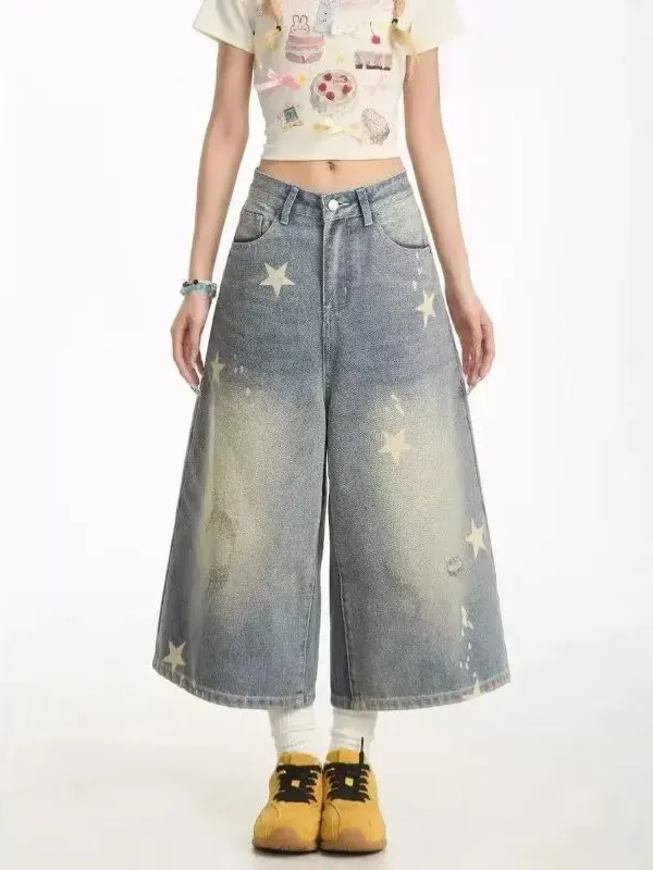 Retro American Star Print Denim Shorts Women's Vintage Large Size Loose Wide Leg Casual Seven-Foot Jeans Natural Waist