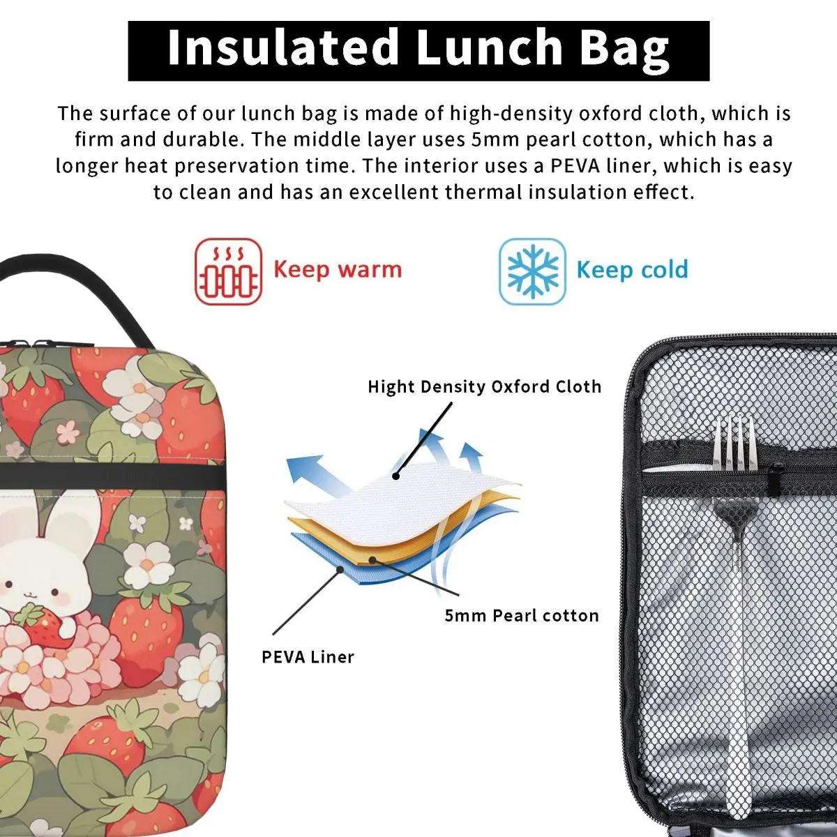 Cartoon Rabbits Eat Strawberries Pattern Insulated Lunch Bag for Women Kids Leakproof Food Boxes Thermal Lunch Box Tote