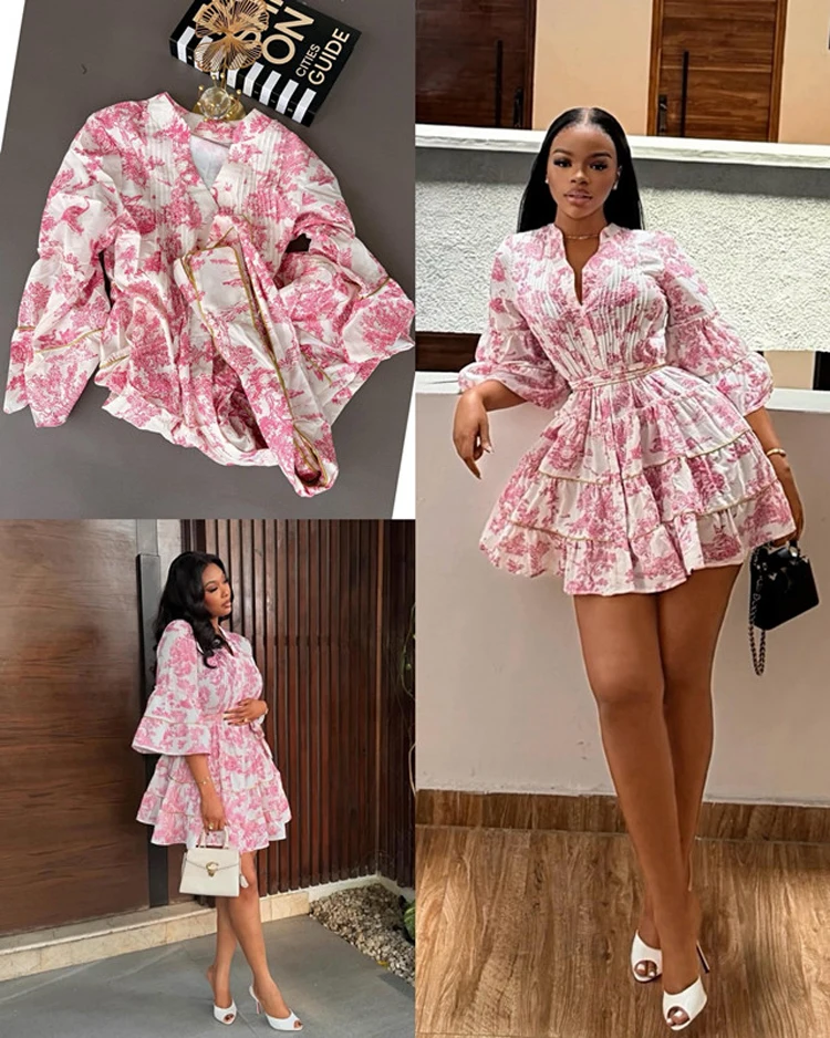 Vintage Bedrucktes Schnür-Minikleid für Damen Mode Gerüschtes Plissiertes Kleid mit Langen Ärmeln High-Street-Stil mit Bindegürtel Damenkleider