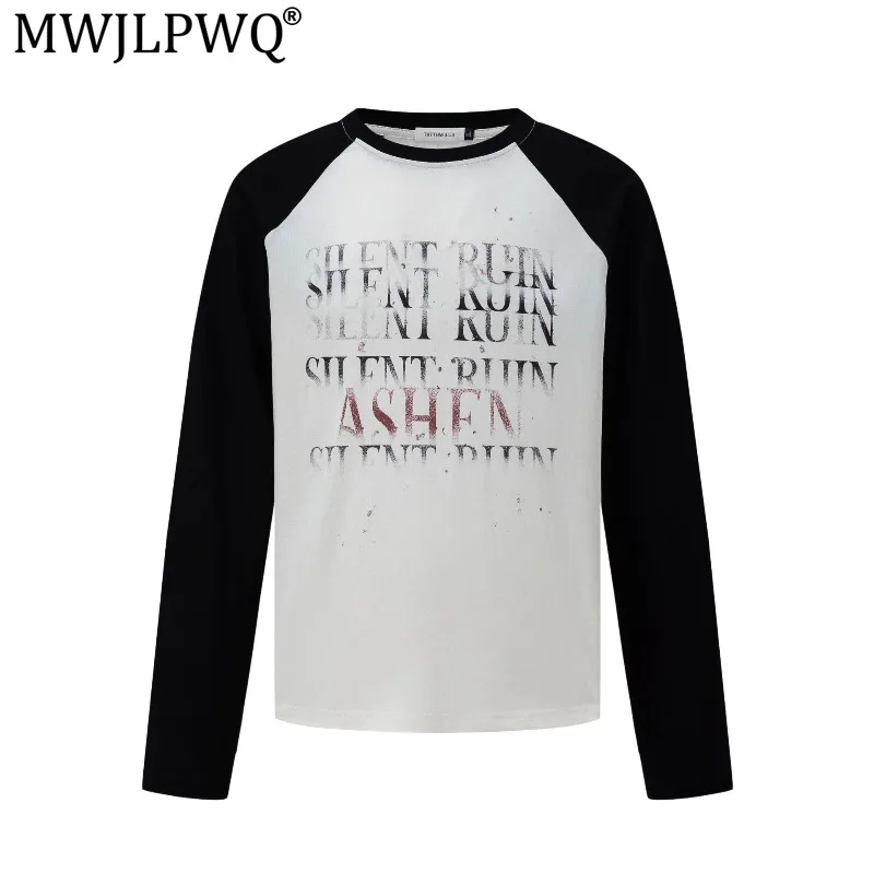 MWJLPWQ 2026 Autumn New Retro Long Sleeve Printed Men's T-Shirt Raglan Sleeves American Vintage Round Neck Base Tops 20489