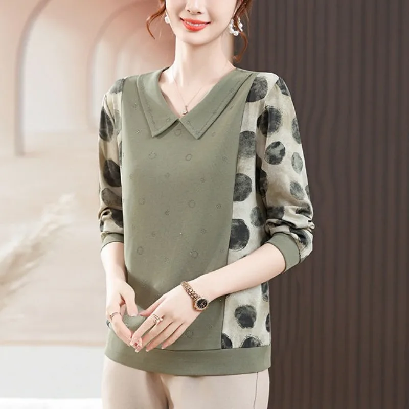 

Женская футболка с отложным воротником в стиле пэчворк и принтом, весна и осень, новая мода, свободный пуловер с длинными рукавами и бриллиантами, топы XQ93