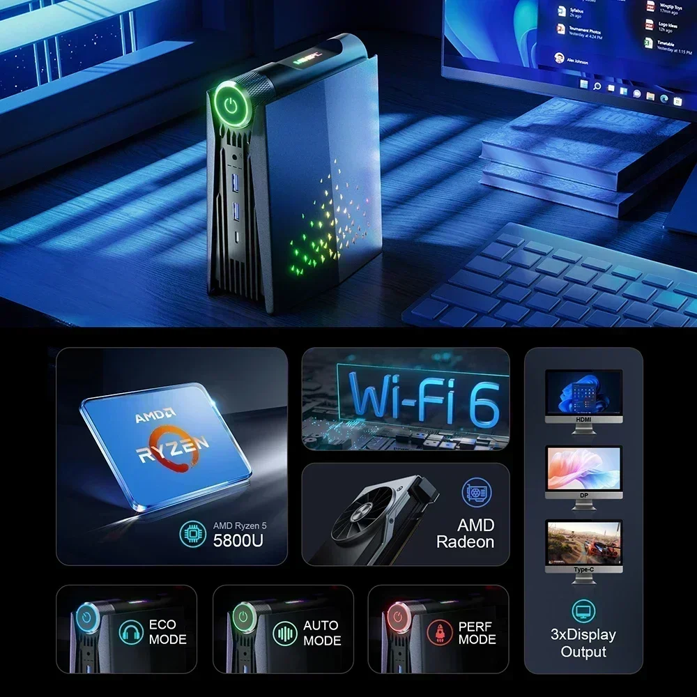 Chatreey AMR5 미니 PC, AMD Ryzen 7 5700U, 5800U Radeon RX Vega 8 게임용 데스크탑 다채로운 조명 컴퓨터, WiFi 6 BT 5.0
